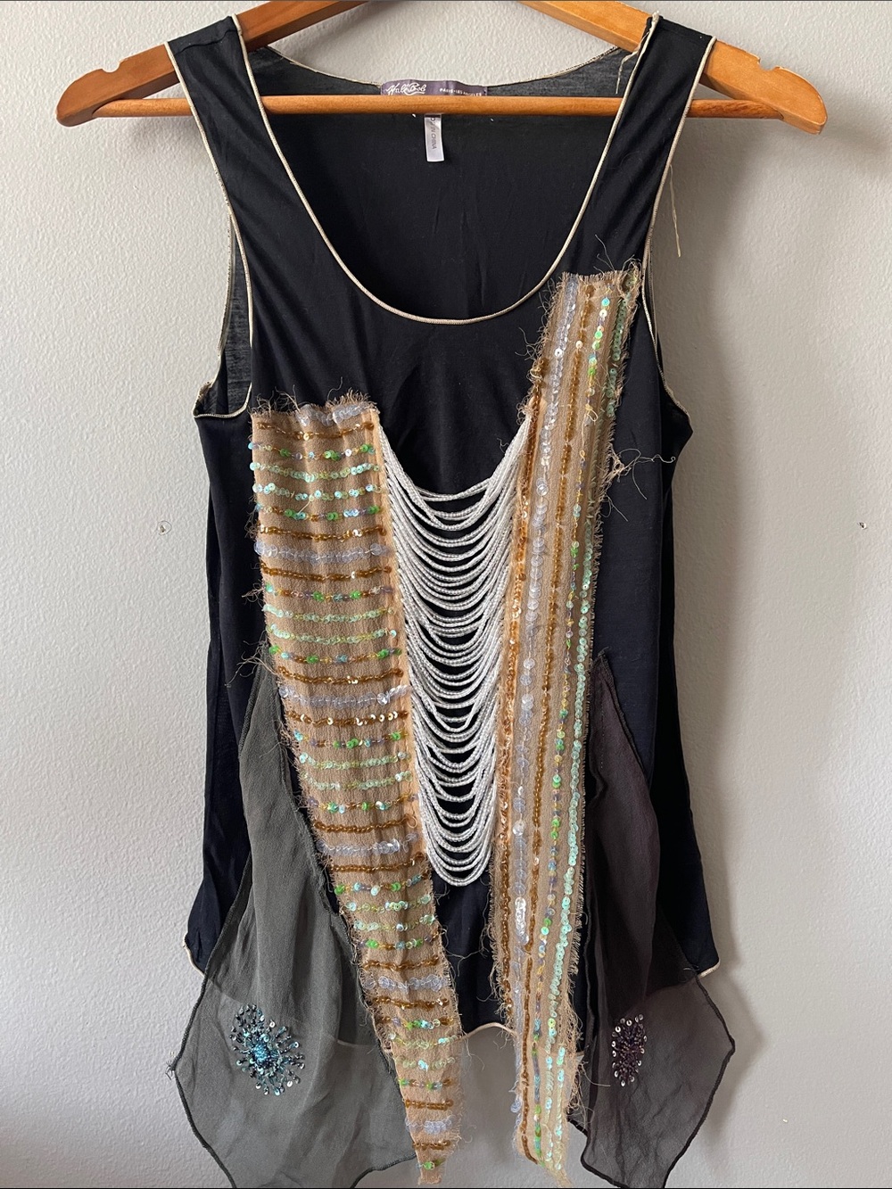 Hale Bob Y2K beaded Black Tank Top with Gold and Cream Sequin Panels